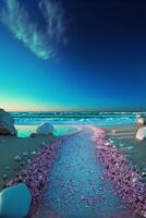 beach covered in pink petals next to the ocean. . photo