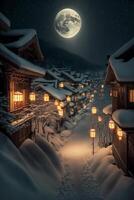 Nevado pueblo a noche con un lleno Luna en el cielo. generativo ai. foto