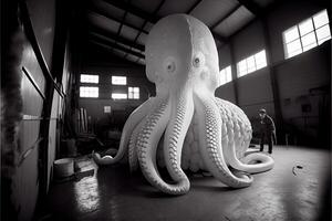 black and white photo of an octopus sculpture. .