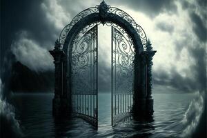 an open gate in the middle of a body of water. . photo