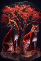 two tigers sitting next to each other under a tree. . photo