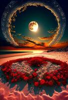 heart made out of roses with a full moon in the background. . photo