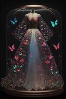 dress in a glass case with butterflies around it. . photo