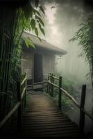 bamboo hut sitting in the middle of a forest. . photo