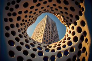 view of a tall building through a hole. generative ai. photo