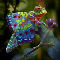 colorful lizard sitting on top of a flower. . photo