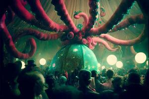 group of people standing in front of a giant octopus. . photo