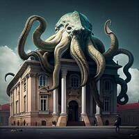 giant octopus statue in front of a building. . photo