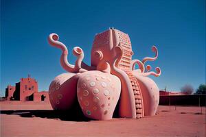 pink sculpture of an octopus with a building in the background. . photo