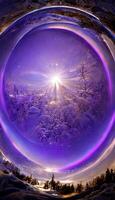 circular picture of a snow covered landscape. . photo
