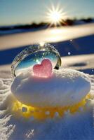 pink heart sitting on top of a pile of snow. . photo