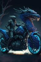 man riding a motorcycle with a dragon on it. . photo