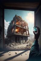 hombre participación un nintendo wii juego controlador en frente de un destruido edificio. generativo ai. foto