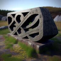 stone bench sitting on top of a grass covered field. . photo