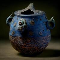 blue vase sitting on top of a table. . photo