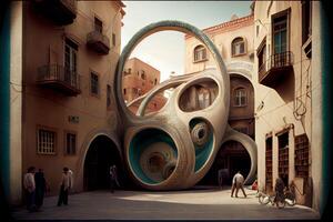 group of people walking down a street next to a building. . photo