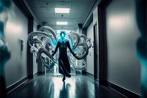 woman in a long black dress walking down a hallway. . photo