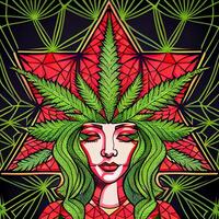 painting of a woman with a marijuana leaf on her head. . photo