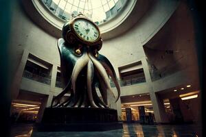 statue of an octopus holding a clock in a building. . photo