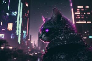 close up of a cat in a city at night. . photo