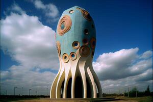 blue and white sculpture in the middle of a field. . photo