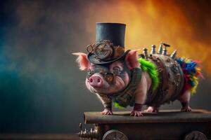 pequeño cerdo vistiendo un parte superior sombrero en parte superior de un tren. generativo ai. foto