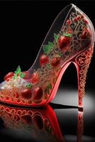 close up of a shoe with strawberries on it. . photo