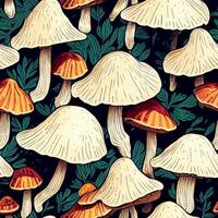 group of mushrooms sitting on top of a lush green forest. . photo