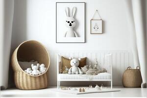 babys habitación con un cuna y relleno animales generativo ai. foto