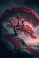 red tree sitting on top of a lush green hillside. . photo