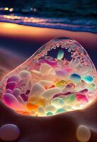 piece of glass sitting on top of a sandy beach. . photo