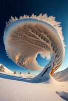 snow covered tree in the middle of a snowy field. . photo