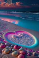 corazón hecho fuera de conchas marinas en un playa. generativo ai. foto