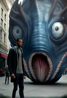 man standing in front of a giant fish sculpture. . photo