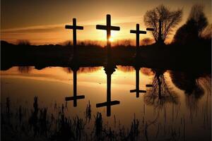 group of crosses sitting on top of a lake. . photo