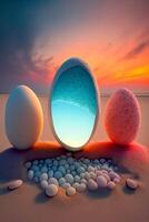 group of eggs sitting on top of a sandy beach. . photo