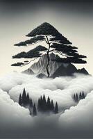 black and white painting of a tree on top of a mountain. . photo