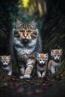madre gato caminando con su Tres gatitos generativo ai. foto