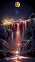 man standing in front of a waterfall under a full moon. . photo