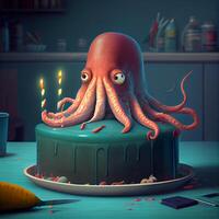 cartoon octopus sitting on top of a cake. . photo