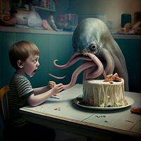 little boy that is sitting in front of a cake. . photo