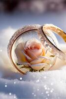 close up of two wedding rings in the snow. . photo