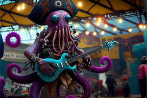 estatua de un pulpo jugando un guitarra. generativo ai. foto