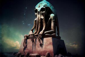 statue of an octopus sitting on top of a rock. . photo