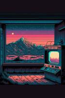 television sitting in front of a window with mountains in the background. . photo