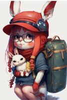 close up of a person with a backpack and a cat. . photo