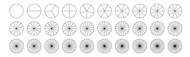 rosquilla o tarta gráfico plantillas.fracciones tarta dividido para matemáticas. circulo tarta con piezas. segmento rebanada colocar. sencillo geometría. vector aislado ilustración