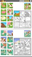 jigsaw puzzle game set with cartoon farm animals vector