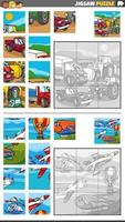 jigsaw puzzle game set with cartoon vehicle characters vector