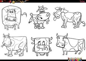 cartoon cows farm animal characters set coloring page vector